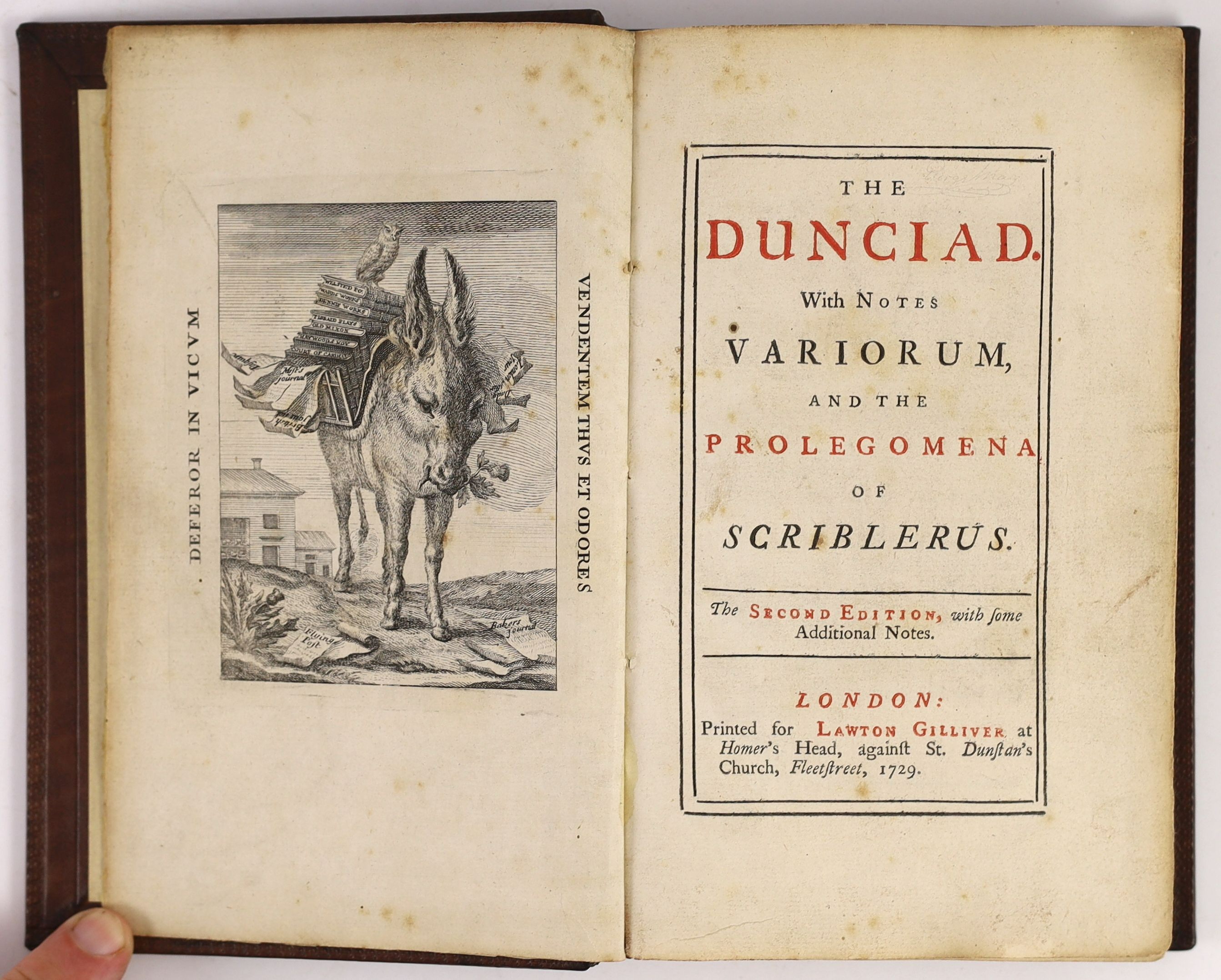 Pope, Alexander - The Dunciad. ‘’The Dunciad with notes Variorum, and the Prolegomena of Scriblerus’’, 2nd edition, (issue with Ass and Owl frontis), 8vo, rebound panelled calf, Lawton Gilliver, London, 1729